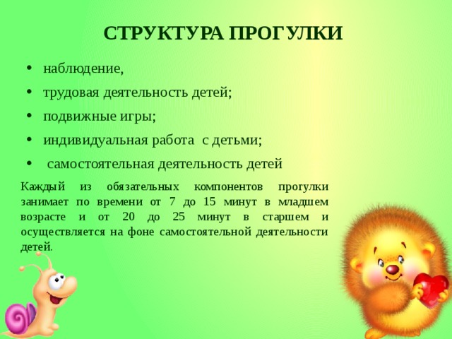 СТРУКТУРА ПРОГУЛКИ   наблюдение, трудовая деятельность детей; подвижные игры; индивидуальная работа  с детьми;   самостоятельная деятельность детей Каждый из обязательных компонентов прогулки занимает по времени от 7 до 15 минут в младшем возрасте и от 20 до 25 минут в старшем и осуществляется на фоне самостоятельной деятельности детей.