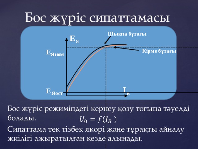 Бос жүріс сипаттамасы Шықпа бұтағы E Я E Яном Кірме бұтағы   E Яост I В Бос жүріс режиміндегі кернеу қозу тоғына тәуелді болады.   Сипаттама тек тізбек якорі және тұрақты айналу жиілігі ажыратылған кезде алынады. 