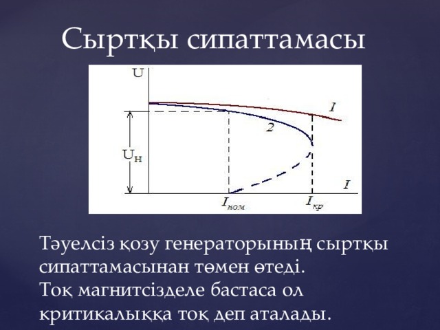 Сыртқы сипаттамасы Тәуелсіз қозу генераторының сыртқы сипаттамасынан төмен өтеді. Тоқ магнитсізделе бастаса ол критикалыққа тоқ деп аталады. 