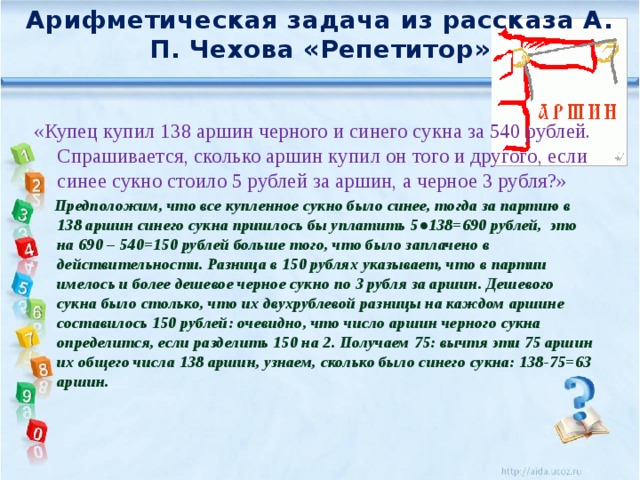 Арифметическая задача из рассказа А. П. Чехова «Репетитор» «Купец купил 138 аршин черного и синего сукна за 540 рублей. Спрашивается, сколько аршин купил он того и другого, если синее сукно стоило 5 рублей за аршин, а черное 3 рубля?»  Предположим, что все купленное сукно было синее, тогда за партию в 138 аршин синего сукна пришлось бы уплатить 5●138=690 рублей, это на 690 – 540=150 рублей больше того, что было заплачено в действительности. Разница в 150 рублях указывает, что в партии имелось и более дешевое черное сукно по 3 рубля за аршин. Дешевого сукна было столько, что их двухрублевой разницы на каждом аршине составилось 150 рублей: очевидно, что число аршин черного сукна определится, если разделить 150 на 2. Получаем 75: вычтя эти 75 аршин их общего числа 138 аршин, узнаем, сколько было синего сукна: 138-75=63 аршин.    