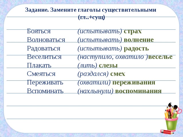 Задание. Замените глаголы существительными (гл..+сущ) Бояться (испытывать)  страх Волноваться (испытывать) волнение Радоваться (испытывать) радость Веселиться (наступило, охватило ) веселье (лить) слезы Плакать (раздался) смех Смеяться (охватили) переживания Переживать (нахлынули) воспоминания Вспоминать 