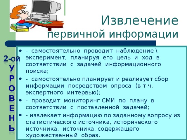 Извлечение  первичной информации - самостоятельно проводит наблюдение \ эксперимент, планируя его цель и ход в соответствии с задачей информационного поиска; - самостоятельно планирует и реализует сбор информации посредством опроса (в т.ч. экспертного интервью); - проводит мониторинг СМИ по плану в соответствии с поставленной задачей; - извлекает информацию по заданному вопросу из статистического источника, исторического источника, источника, содержащего художественный образ. 