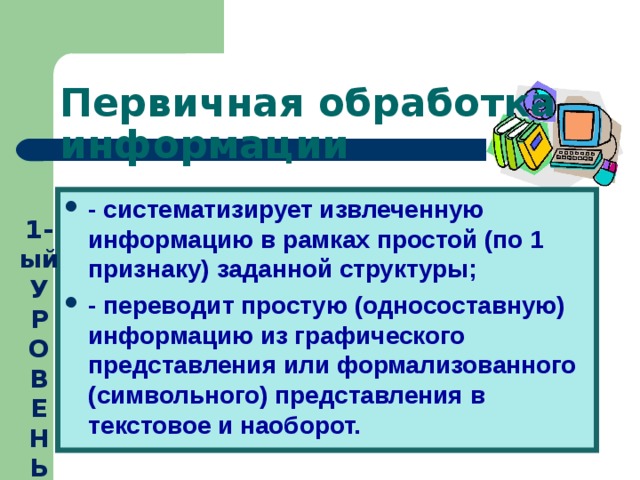 Первичная обработка информации - систематизирует извлеченную информацию в рамках простой (по 1 признаку) заданной структуры; - переводит простую (односоставную) информацию из графического представления или формализованного (символьного) представления в текстовое и наоборот. 1-ый У  Р  О  В  Е  Н  Ь 