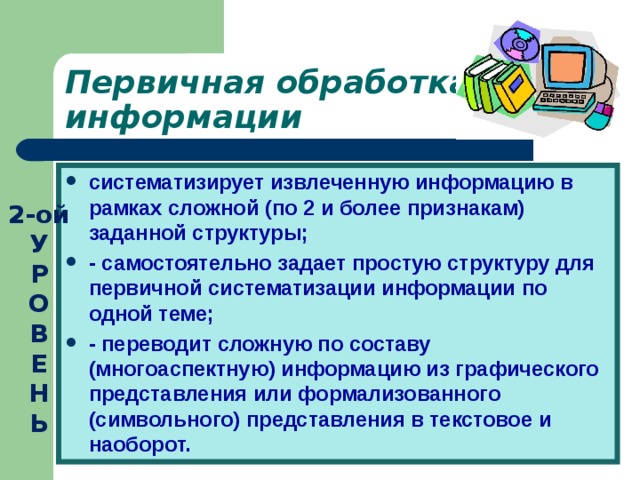 Первичная обработка информации систематизирует извлеченную информацию в рамках сложной (по 2 и более признакам) заданной структуры; - самостоятельно задает простую структуру для первичной систематизации информации по одной теме; - переводит сложную по составу (многоаспектную) информацию из графического представления или формализованного (символьного) представления в текстовое и наоборот. 2-ой У  Р  О  В  Е  Н  Ь 