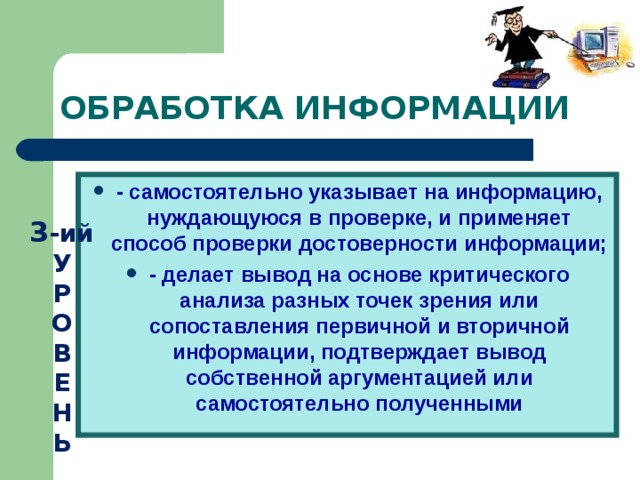 ОБРАБОТКА ИНФОРМАЦИИ - самостоятельно указывает на информацию, нуждающуюся в проверке, и применяет способ проверки достоверности информации; - делает вывод на основе критического анализа разных точек зрения или сопоставления первичной и вторичной информации, подтверждает вывод собственной аргументацией или самостоятельно полученными 3 -ий У  Р  О  В  Е  Н  Ь 