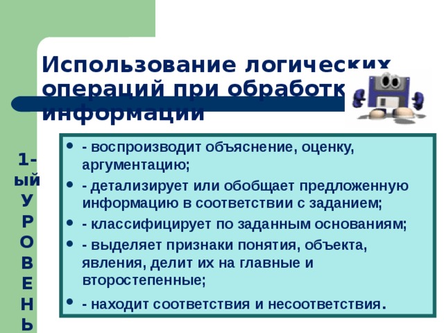Использование логических операций при обработке информации - воспроизводит объяснение, оценку, аргументацию; - детализирует или обобщает предложенную информацию в соответствии с заданием; - классифицирует по заданным основаниям; - выделяет признаки понятия, объекта, явления, делит их на главные и второстепенные; - находит соответствия и несоответствия .  1-ый У  Р  О  В  Е  Н  Ь 