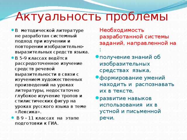 Актуальность проблемы В методической литературе не разработан системный подход при изучении и повторении изобразительно-выразительных средств языка. В 5-9 классах ведётся рассредоточенное изучение средств речевой выразительности в связи с изучением художественных произведений на уроках литературы, недостаточно глубокое изучение тропов и стилистических фигур на уроках русского языка в теме «Лексика».  В 9 - 11 классах на этапе подготовки к ГИА. Необходимость разработанной системы заданий, направленной на : получение знаний об изобразительных средствах языка, формирование умений находить и распознавать их в тексте, развитие навыков использования их в устной и письменной речи. 