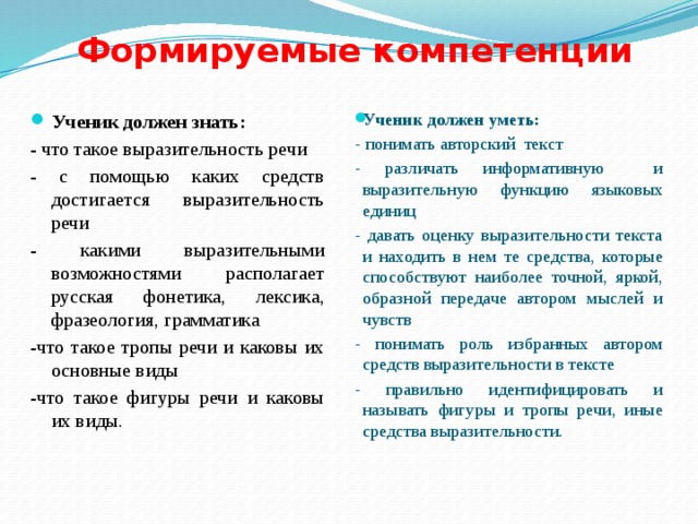 Формируемые компетенции Ученик должен знать: Ученик должен уметь: - что такое выразительность речи - понимать авторский текст - с помощью каких средств достигается выразительность речи - различать информативную и выразительную функцию языковых единиц - какими выразительными возможностями располагает русская фонетика, лексика, фразеология, грамматика - давать оценку выразительности текста и находить в нем те средства, которые способствуют наиболее точной, яркой, образной передаче автором мыслей и чувств -что такое тропы речи и каковы их основные виды - понимать роль избранных автором средств выразительности в тексте -что такое фигуры речи и каковы их виды. - правильно идентифицировать и называть фигуры и тропы речи, иные средства выразительности.   