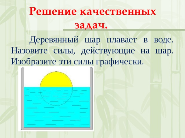 Решение качественных задач.  Деревянный шар плавает в воде. Назовите силы, действующие на шар. Изобразите эти силы графически. 