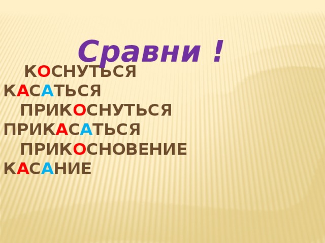 Сравни !  к о снуться к а с а ться  прик о снуться прик а с а ться  прик о сновение к а с а ние 