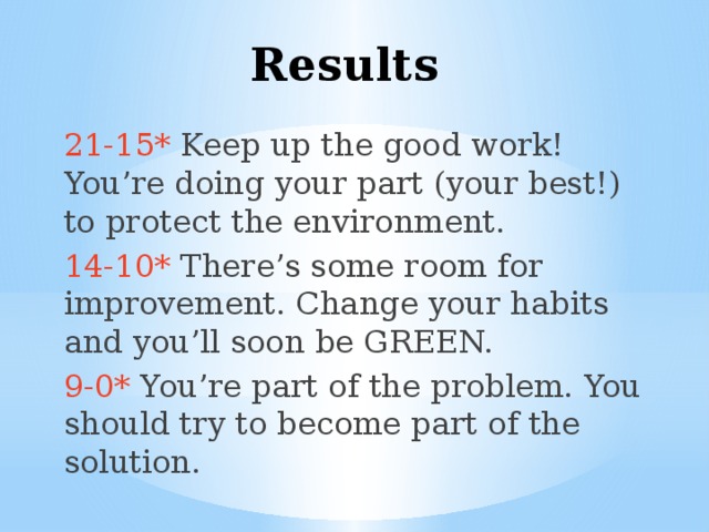 Results 21-15* Keep up the good work! You’re doing your part (your best!) to protect the environment. 14-10* There’s some room for improvement. Change your habits and you’ll soon be GREEN. 9-0* You’re part of the problem. You should try to become part of the solution. 