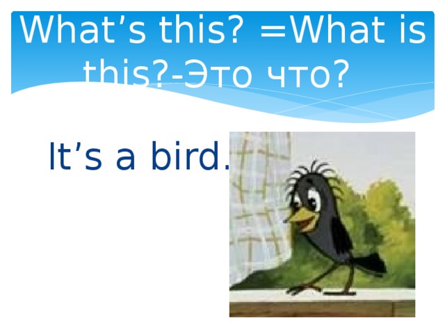 What’s this? =What is this?-Это что? It’s a bird. 