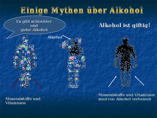 Es gibt schlechter und guter Alkohol    Alkohol ist giftig !  Alkohol Mineralstoffe und Vitaminen sind von Alkohol verbrannt Mineralstoffe und Vitaminen 