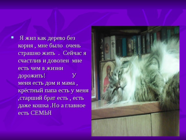  Я жил как дерево без корня , мне было очень страшно жить . Сейчас я счастлив и доволен мне есть чем в жизни дорожить! У меня есть дом и мама , крёстный папа есть у меня ,старший брат есть , есть даже кошка .Но а главное есть СЕМЬЯ 