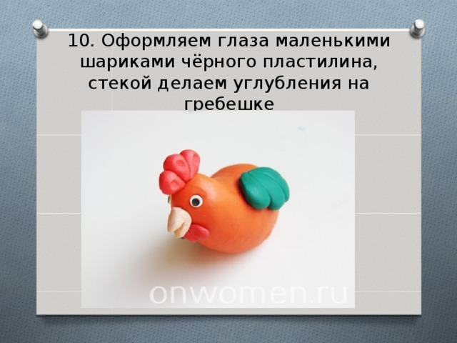 10. Оформляем глаза маленькими шариками чёрного пластилина, стекой делаем углубления на гребешке 