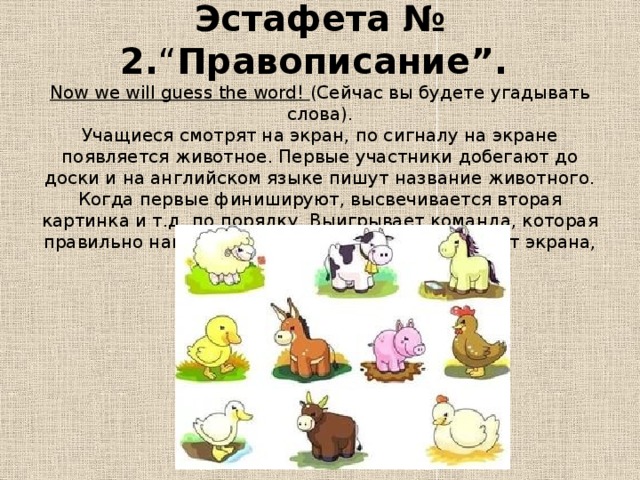 Эстафета № 2. “ Правописание”.  Now we will guess the word!  (Сейчас вы будете угадывать слова).  Учащиеся смотрят на экран, по сигналу на экране появляется животное. Первые участники добегают до доски и на английском языке пишут название животного. Когда первые финишируют, высвечивается вторая картинка и т.д. по порядку. Выигрывает команда, которая правильно напишет названия животных. Если нет экрана, можно изготовить карточки.   