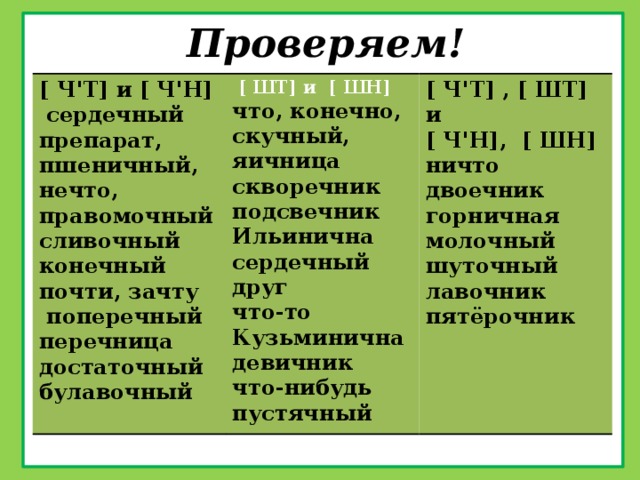 Проверяем! [ ЧꞌТ] и [ ЧꞌН]  сердечный препарат, пшеничный, нечто, правомочный сливочный  [ ШТ] и [ ШН] конечный что, конечно, скучный, яичница скворечник подсвечник Ильинична сердечный друг [ ЧꞌТ] , [ ШТ] и [ ЧꞌН], [ ШН] почти, зачту поперечный что-то Кузьминична девичник что-нибудь ничто двоечник горничная молочный шуточный лавочник пятёрочник перечница пустячный достаточный булавочный 