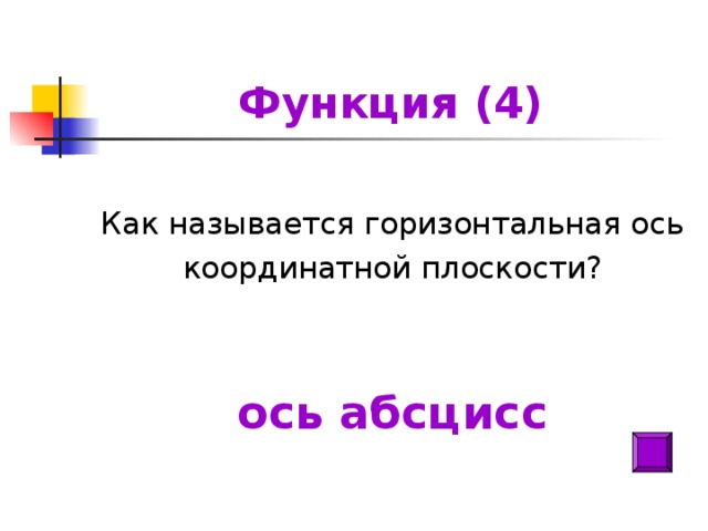 Функция (4) Как называется горизонтальная ось координатной плоскости? ось абсцисс