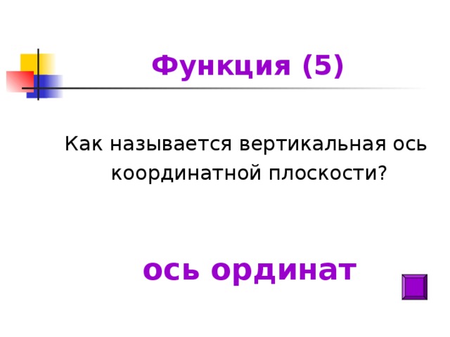 Функция (5) Как называется вертикальная ось координатной плоскости? ось ординат
