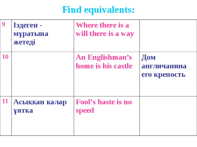 Find equivalents: 9 Іздеген - мұратына жетеді  10 Where there is a will there is a way  11 An Englishman’s home is his castle  Асыққан қалар ұятқа  Дом англичанина его крепость Fool ’ s haste is no speed  