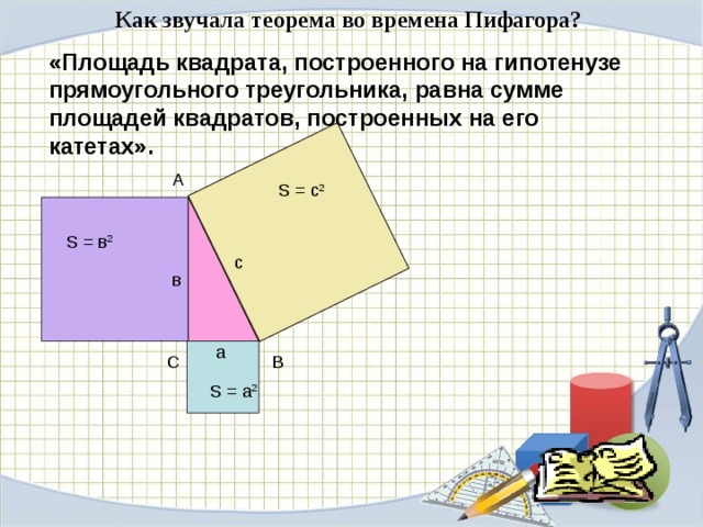 Как звучала теорема во времена Пифагора? «Площадь квадрата, построенного на гипотенузе прямоугольного треугольника, равна сумме площадей квадратов, построенных на его катетах». A S = c 2 S = в 2 с в a C B S = a 2 