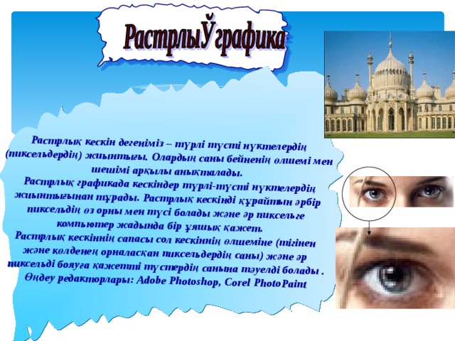      Растрлық кескін дегеніміз – түрлі түсті нүктелердің (пиксельдердің) жиынтығы. Олардың саны бейненің өлшемі мен шешімі арқылы анықталады.   Растрлық графикада кескіндер түрлі-түсті нүктелердің жиынтығынан тұрады. Растрлық кескінді құрайтын әрбір пиксельдің өз орны мен түсі болады және әр пиксельге компьютер жадында бір ұяшық қажет.      Растрлық кескіннің сапасы сол кескіннің өлшеміне (тігінен және көлденең орналасқан пиксельдердің саны) және әр пиксельді бояуға қажетті түстердің санына тәуелді болады  . Өңдеу редакторлары: Adobe Photoshop, Corel PhotoPaint 