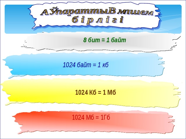   8 бит = 1 байт 1024 байт = 1 кб 1024 Кб = 1 Мб  1024 Мб = 1Гб 