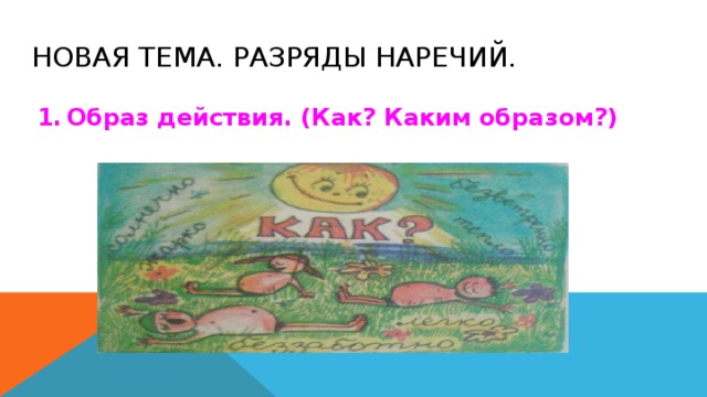 Новая тема. Разряды наречий. Образ действия. (Как? Каким образом?) 