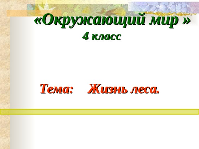 «Окружающий мир »  4 класс  Тема: Жизнь леса.  