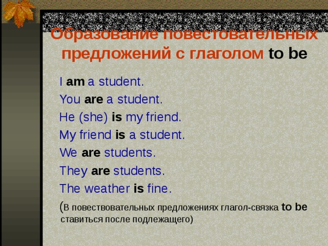 Образование повестовательных предложений с глаголом to be  I am a student.  You are a student.  He (she) is my friend.  My friend is a student.  We are students.  They are students.  The weather is fine.  ( В повествовательных предложениях глагол-связка to be ставиться после подлежащего) 