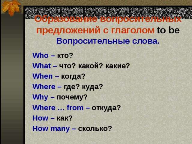 Образование вопросительных предложений с глаголом  to be  Вопросительные слова.  Who –  кто?  What –  что? какой? какие?  When –  когда?  Where –  где? куда?  Why –  почему?  Where … from –  откуда?  How –  как?  How many –  сколько?  