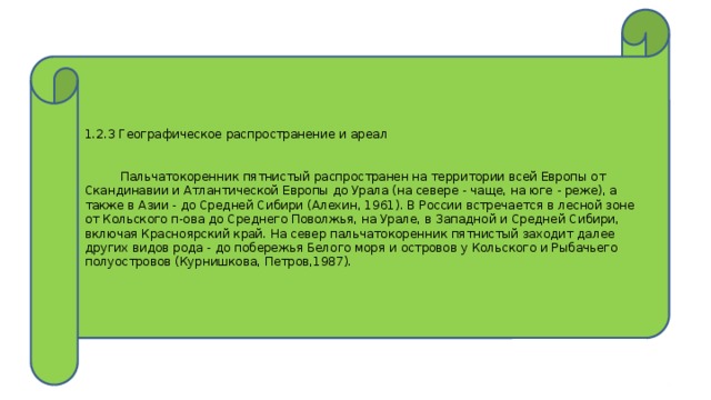 1.2.3 Географическое распространение и ареал      Пальчатокоренник пятнистый распространен на территории всей Европы от Скандинавии и Атлантической Европы до Урала (на севере - чаще, на юге - реже), а также в Азии - до Средней Сибири (Алехин, 1961). В России встречается в лесной зоне от Кольского п-ова до Среднего Поволжья, на Урале, в Западной и Средней Сибири, включая Красноярский край. На север пальчатокоренник пятнистый заходит далее других видов рода - до побережья Белого моря и островов у Кольского и Рыбачьего полуостровов (Курнишкова, Петров,1987). 