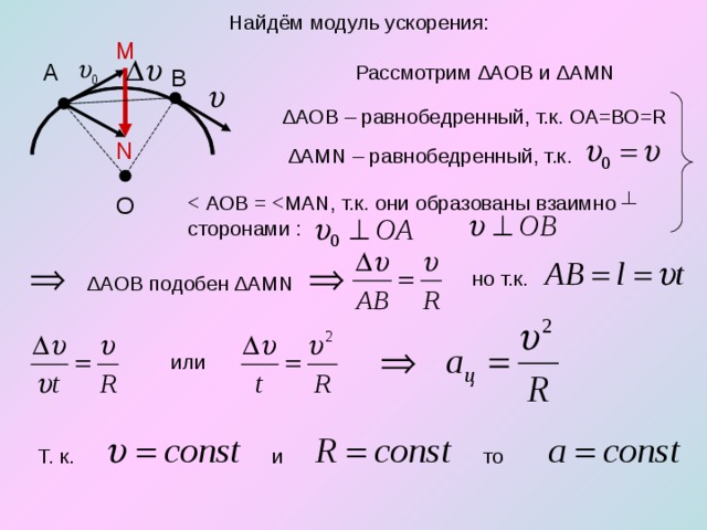  Найдём модуль ускорения: M А  Рассмотрим ∆АОВ и ∆А MN В  ∆ АОВ – равнобедренный, т.к. ОА=ВО= R N  ∆ AMN – равнобедренный, т.к. О  но т.к.  ∆ АОВ подобен ∆ AMN  или  Т. к.  и  то 