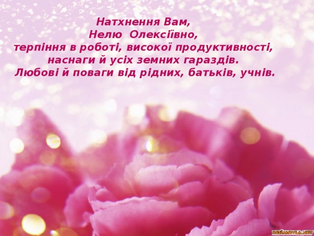 Натхнення Вам,  Нелю Олексіївно,  терпіння в роботі, високої продуктивності,  наснаги й усіх земних гараздів.  Любові й поваги від рідних, батьків, учнів.     