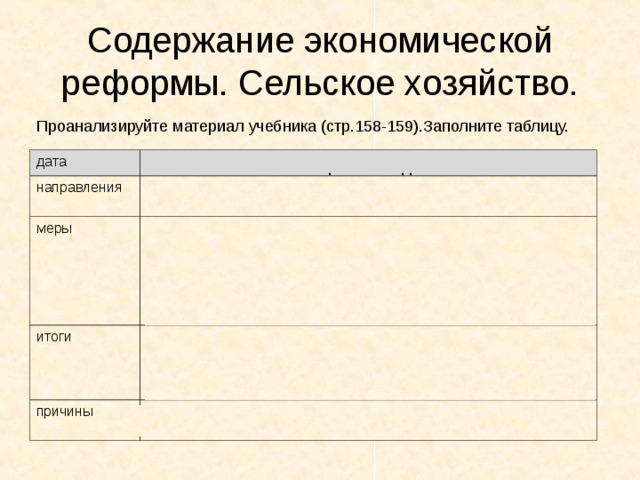 Заполнить схемы реформа в промышленности реформа в сельском хозяйстве