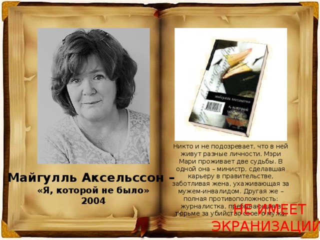 Никто и не подозревает, что в ней живут разные личности. Мэри Мари проживает две судьбы. В одной она – министр, сделавшая карьеру в правительстве, заботливая жена, ухаживающая за мужем-инвалидом. Другая же – полная противоположность: журналистка, пребывающая в тюрьме за убийство своего мужа. Майгулль Аксельссон – «Я, которой не было» 2004 НЕ ИМЕЕТ ЭКРАНИЗАЦИИ! 