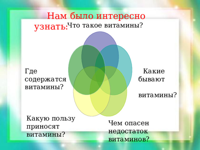  Нам было интересно узнать: Что такое витамины? Где содержатся витамины?  Какие бывают витамины? Какую пользу приносят витамины? Чем опасен недостаток витаминов? 