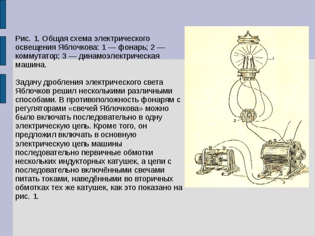 Открытия До Яблочкова был известен лишь один способ включения источников света в цепь, но он был неудобен и почти никогда не применялся. Каждый источник света питался от отдельной динамо-машины, что было дорого. Яблочков придумал схему включения, напоминающую современное параллельное включение ламп: удавалось включать в одну цепь 4-5 ламп. В начале весны 1876 года Яблочков завершил разработку конструкции электрической свечи и 23 марта получил на нее французский патент № 112024. В марте 1876 — октябре 1877 года был сконструирован первый генератор переменного тока, изобретен электромагнит с плоской обмоткой.  