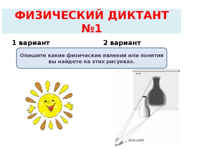 ФИЗИЧЕСКИЙ ДИКТАНТ  №1 1 вариант 2 вариант Опишите какие физические явления или понятия вы найдете на этих рисунках. 