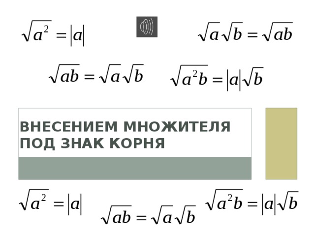 Выносить корень. Вынесение множителя за знак корня внесение множителя под знак корня. Внесение отрицательного множителя под знак корня. Внесение под знак корня отрицательного числа. Внесите множитель под знак корня.