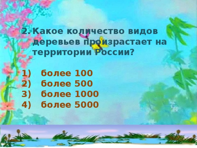 Какое количество видов деревьев произрастает на территории России?  1)  более 100 2)  более 500 3)  более 1000 4)  более 5000 