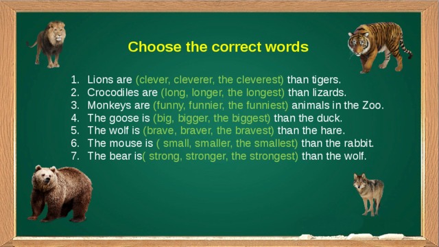 Choose the correct words Lions are (clever, cleverer, the cleverest) than tigers. Crocodiles are (long, longer, the longest) than lizards. Monkeys are (funny, funnier, the funniest) animals in the Zoo. The goose is (big, bigger, the biggest) than the duck. The wolf is (brave, braver, the bravest) than the hare. The mouse is ( small, smaller, the smallest) than the rabbit. The bear is ( strong, stronger, the strongest) than the wolf. 