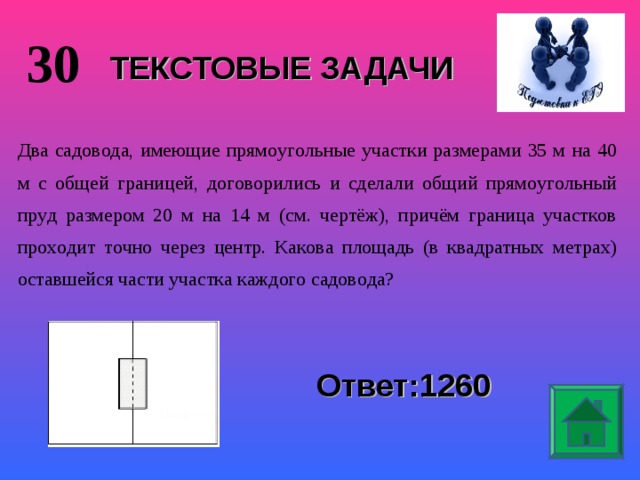 Каково центр. Два садовода имеющие прямоугольные участки размерами. Площадь оставшейся части участка. Задача с ответом 30.