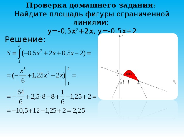 Проверка домашнего задания :   Найдите площадь фигуры ограниченной линиями:  y=-0,5x 2 +2x, y=-0,5x+2 Решение:   