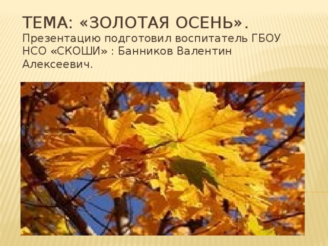 Тема: «Золотая осень». Презентацию подготовил воспитатель ГБОУ НСО «СКОШИ» : Банников Валентин Алексеевич. 