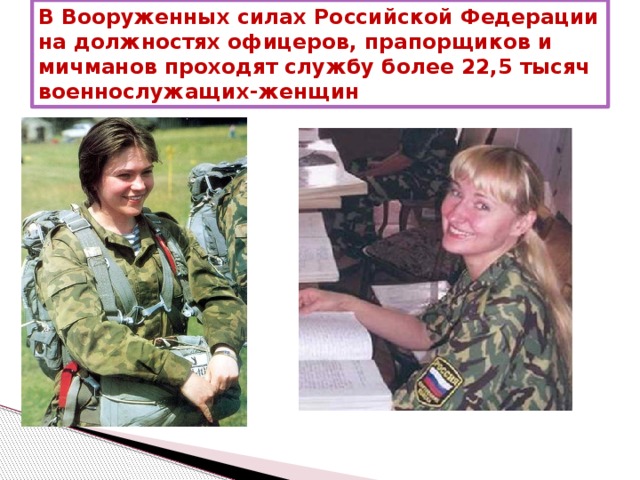 В Вооруженных силах Российской Федерации на должностях офицеров, прапорщиков и мичманов проходят службу более 22,5 тысяч военнослужащих-женщин 