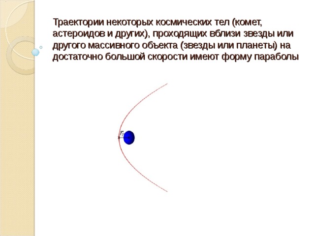 Траектории некоторых космических тел (комет, астероидов и других), проходящих вблизи звезды или другого массивного объекта (звезды или планеты) на достаточно большой скорости имеют форму параболы 