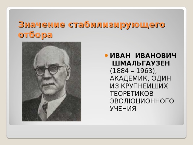 Значение стабилизирующего отбора ИВАН ИВАНОВИЧ ШМАЛЬГАУЗЕН (1884 – 1963), АКАДЕМИК, ОДИН ИЗ КРУПНЕЙШИХ ТЕОРЕТИКОВ ЭВОЛЮЦИОННОГО УЧЕНИЯ 