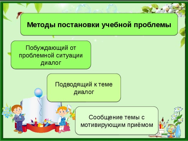 Методы постановки учебной проблемы Побуждающий от проблемной ситуации диалог Подводящий к теме диалог Сообщение темы с мотивирующим приёмом