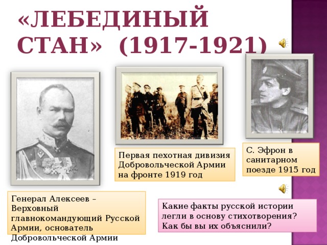 «Лебединый стан» (1917-1921) С. Эфрон в санитарном поезде 1915 год Первая пехотная дивизия Добровольческой Армии на фронте 1919 год Генерал Алексеев – Верховный главнокомандующий Русской Армии, основатель Добровольческой Армии Какие факты русской истории легли в основу стихотворения? Как бы вы их объяснили? 